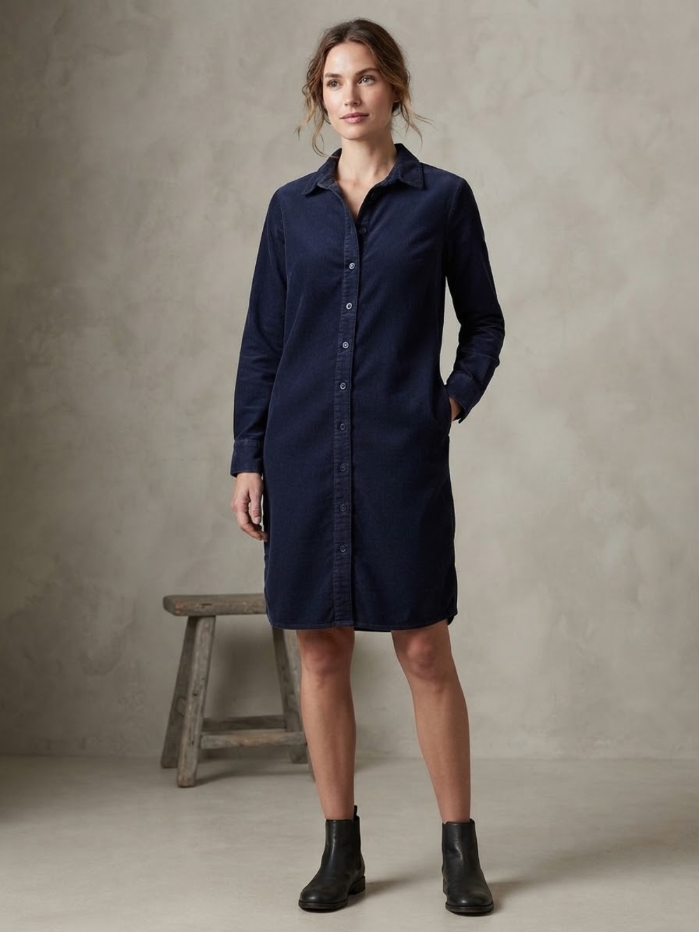 Part Two Copenhagen Button-Front Navy Midi Shirt Corduroy Dress Size Small
